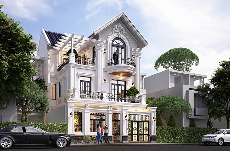 Biệt thự mái Thái tân cổ điển với nhiều chi tiết phào chỉ, trang trí được bố trí cân xứng, cầu kì và sang trọng
